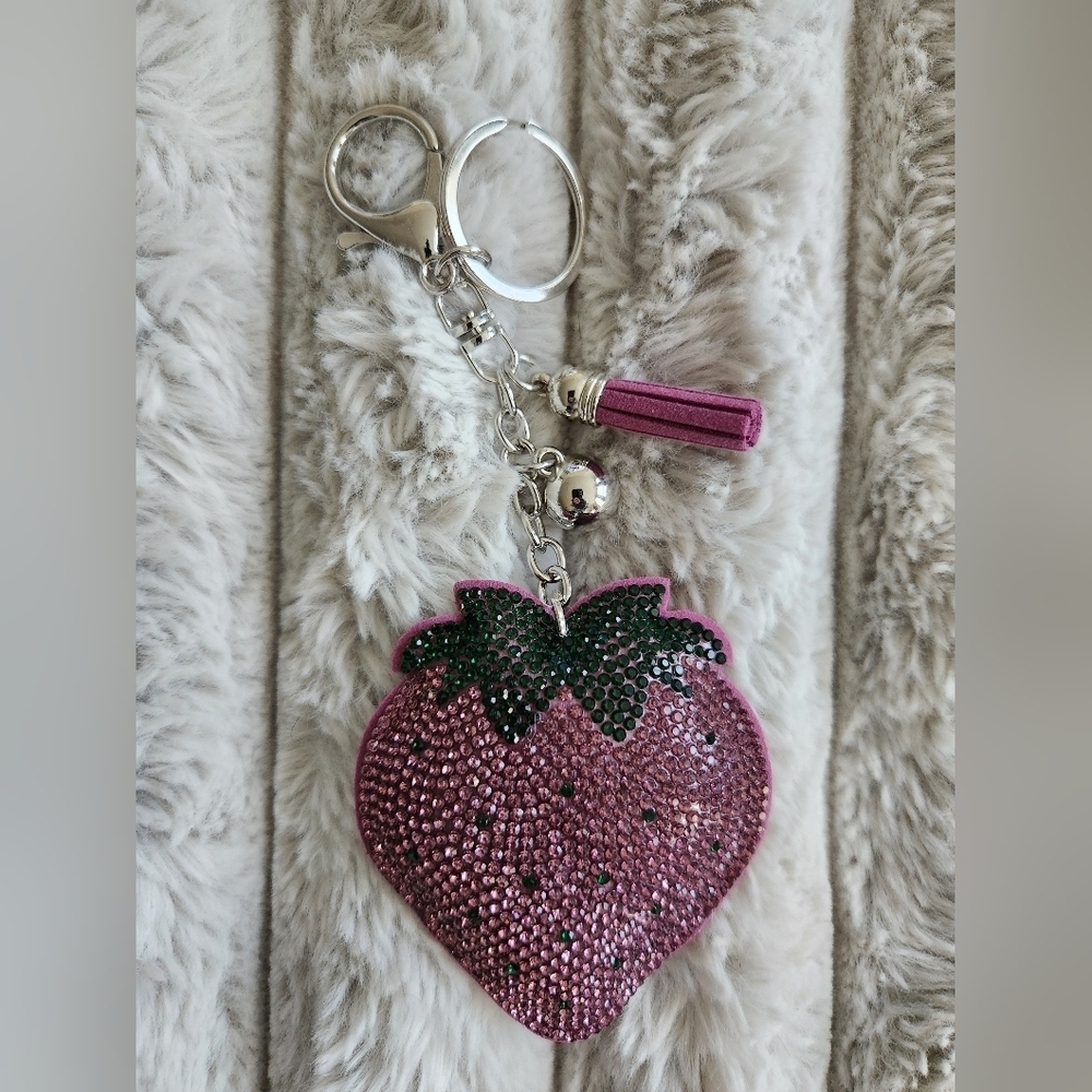 Strawberry Keychain with Pink and Green Rhinestones Bag Charm